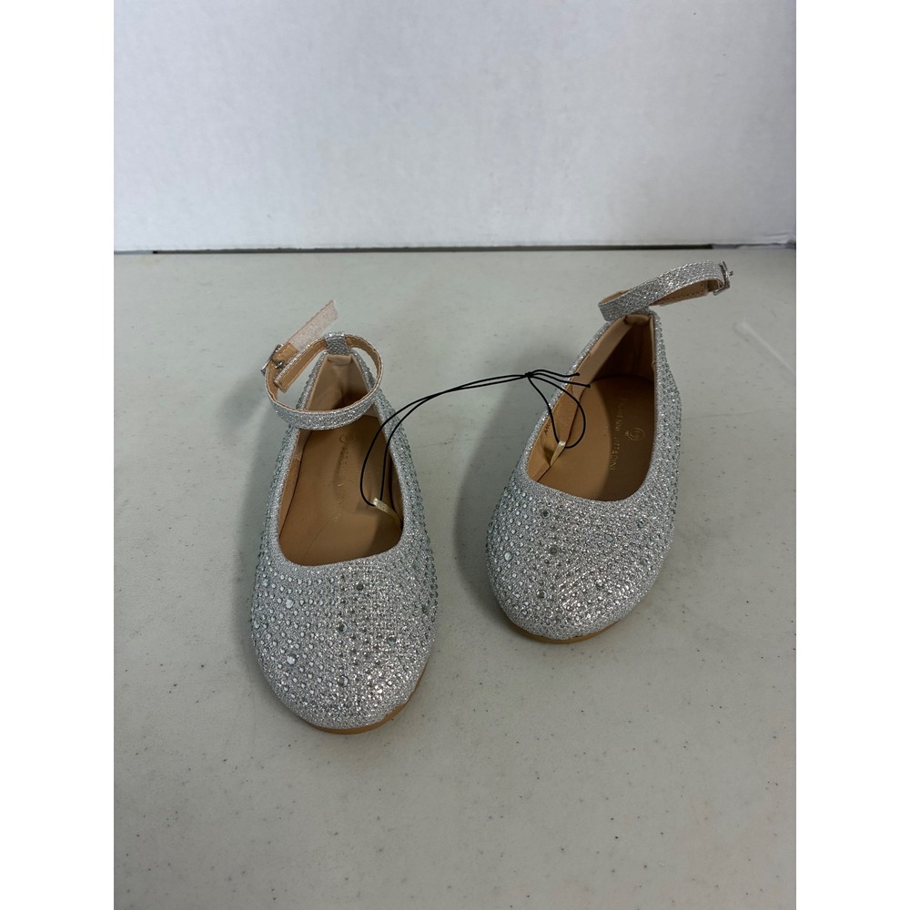Adrienne Vittadini Girl‎ Silver Rhinestone Glitter Ankle Strap Flats Size 11